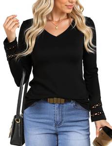 lot 8417 image: Fioris 2026 Womens Premium V-Neck Long Sleeve Eyelet Lace Top - Lightweight Stretch Blouse for Fall Business Casual Black M