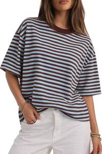 lot 8426 image: CHYRII Womens Oversized Striped T Shirts Summer Tops Fashion Short Sleeve Loose Fit 2026 Y2K Clothes (BlueCoffee XL)
