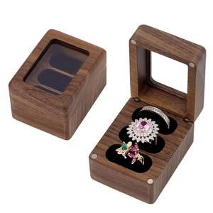lot 8438 image: PH PandaHall Wood 3 Slot Ring Box with Glass Lid for Wedding Proposal Walnut Wood Ring Bearer Box Cube Flip Box 3 Ring Storage Box with Clear Lid for Engagement Anniversary 2.3x1.9x1.6 Inch