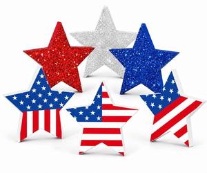 lot 8450 image: 6 Pcs 4th of July Decorations Patriotic Wooden Star Signs Red White Blue Memorial Day Tiered Tray Decor Americana Table Home Decor for Independence Day Shelf Kitchen Office