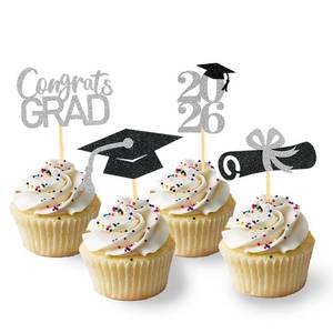 lot 8472 image: Black Silver Graduation Cupcake Toppers - Grad Cake Picks