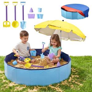 lot 13466 image: Large Sand Box Set with Lid Cover & Umbrella, Including 7Pcs Sand Toys for Kids Toddlers, 39Inch Big Portable Sandpit for Outdoor Indoor Backyard Patio Beach Dog, Hold up 200lbs Sand