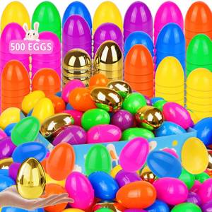 lot 13504 image: 500 Pack Colorful Fillable Easter Eggs with 6 Surprise Golden Eggs, 2.4 Inch Plastic Easter Egg Empty for Easter Hunt Party Favors Easter Basket Stuffers Fillers Classroom Prizes for Kids Boys Girls