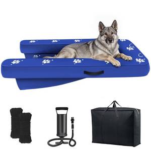 lot 13527 image: Inflatable Dock Platform, Dog Boat Ramp Floating Non-Slip Oxford and PVC with Lagre Water Ramp for Dogs Pool, Dock, Lake with Traction Rope, Manual Air Pump (4.7ft x 3ft x 6in) L02