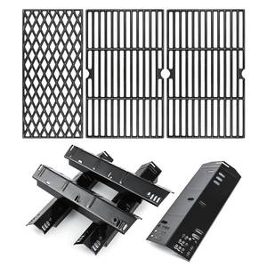 lot 13543 image: Hisencn Grill Replacement Part for Dyna Glo DGH474CRP DGH485CRP 5 Burner Grill, Porcelain Steel Heat Plate Tents 5 Pack, Cast Iron Cooking Grates 3 Pack for Dyna Glo 5 Burner Gas Grill