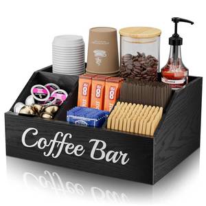 lot 14010 image: WooOrganix Coffee Station Organizer for Countertop �� Wooden Coffee Bar Organizer with Adjustable Dividers,Holds K Cup Pod & syrup bottles, for Kitchen, Office, or Bar and Tea Station, Black