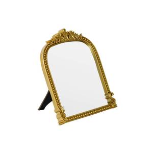 lot 14011 image: LuHeToz Gold Plastic Arched Makeup Mirror, Standing, Hanging or Wall Mount, Bathroom, Living Room, Bedroom Gold Decorative Mirror (10.6x8.6 inch)