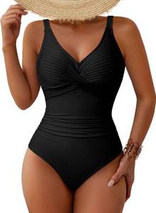 lot 14041 image: Pink Queen 0Ne Piece Swimsuit Tummy Control V Neck Bathing Suit Black M