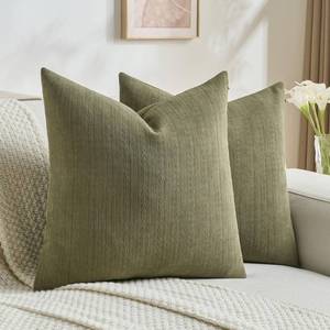 lot 14052 image: FUTEI Pack of 2 Solid Chenille Throw Pillow Covers 20x20 Inch Soft Cozy Wheat Ear Striped Textured Decorative Cushion Cases Modern Farmhouse Accent for Couch Bed Living Room, Olive Green