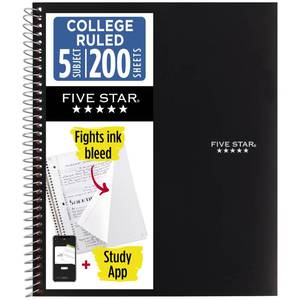 lot 14058 image: Five Star Spiral Notebook  Study App, 5 Subject, College Ruled Paper, 8-12 x 11, 200 Sheets, Fights Ink Bleed, Water Resistant Cover, Black (72081)