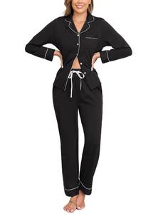 lot 14086 image: Veseacky 100% Cotton Pajamas for Women Set Long Sleeve Button Up Sleepwear Soft Pjs Lounge Sets with Pockets (Black,L)