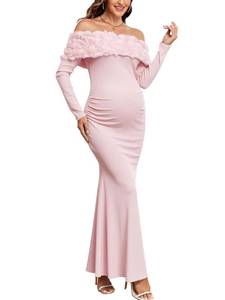 lot 14090 image: AISWI 3D Floral Off The Shoulder Maternity Dress Long Sleeve Ribbed Mermaid Maxi Bodycon Pregnancy Dresses Baby Shower, Light Pink, Large