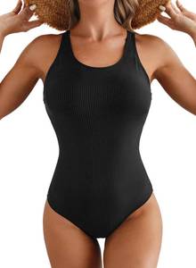 lot 14107 image: Herseas Black One Piece Tummy Control Swimsuit Seamless Women Criss Cross Training Plus Size Slimming Bathing Suit Wide Straps Swimwear Medium