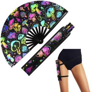 lot 14442 image: FairySandy Large Rave Fan UV Glow Clack Summer Hand Fan with Thigh Holster for Women Carnival Party Supplies for Carnival Edm Music Festival Club Accessories(Reflective Mushroom,Bright Color)