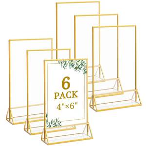 lot 14443 image: Floroom 6 Pack 4x6 Inch Clear Acrylic Sign Holders, Double-Sided Gold Display Stand Picture Frames for Table Numbers, Menus, Flyers, Weddings, and Offices