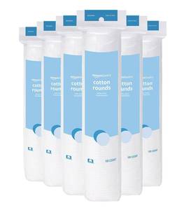 lot 19873 image: Amazon Basics Hypoallergenic 100% Cotton Rounds for Makeup Remover and Skincare, All Skin Types, 600 Count, 5 Packs of 100 Count