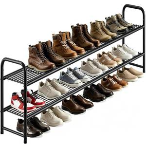 lot 19924 image: AOODA Long 2 Tier Shoe Rack for Closet Metal Wide Stackable Shoe Storage Organizer for Entryway, Bedroom, Floor, 18-Pairs Low Shoe Shelf, Black