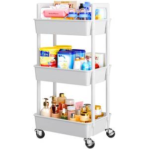 lot 19926 image: Pipishell 3 Tier Rolling Cart Organizer, Plastic Rolling Cart with Lockable Wheels & Reinforced Handle, Lightweight Utility Cart Storage Cart for Nursery, Kitchen, Bathroom, Craft Room, White, PIUC14W