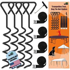 lot 19927 image: EURMAX USA 4-Pack Windproof Trampoline Stakes Anchor Kit-Steel Corkscrew Anchor,Heavy Duty Tie Down Kit with T-Hook&Reinforced Safety Straps,Secure Weatherproof Protection for Trampoline,Tent&Playset
