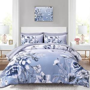 lot 19930 image: Luxudecor Floral Comforter Set King Size 7 Piece, Blue Flower Bed in a Bag, Elegant Gradient Floral Comforter with Sheet Set, Soft Seersucker Microfiber Bedding Set for All Season (Blue, 104x90)