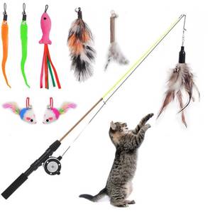 lot 20003 image: Whefory Retractable Cat Teaser Wand Toy, Cat Toys for Indoor Outdoor Cats Interactive Fishing Rod with 8 Pcs Refills Feather Toy, Plush Mouse Caterpillar & Fish