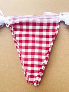 lot 20040 image: 15 Meters 49ft Red and White Cotton Fabric Checkered Pennant Banner, Party Decoration Double Sided Triangle Gingham Bunting Flags for Carnival Birthday