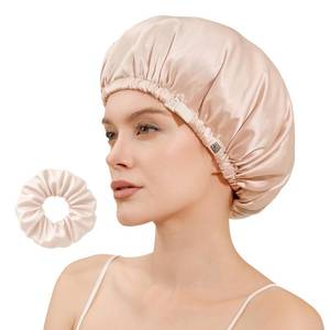 lot 20052 image: CoolMate Adjustable Satin Silk Bonnet for Sleeping Women, Tie Double Lined Silk Bonnet for Women Long Hair (Light Pink & Beige)