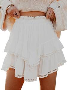 lot 20093 image: Aoudery Flowy Shorts for Women Casual Boho Ruffle Tiered Skorts High Waist Mini Skirts Golf Tennis Butterfly Crochet Shorts - A White S