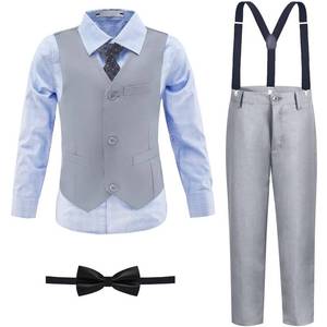 lot 20450 image: LOPEN STU Kids Suit Toddler Formal Dress Clothes Light Grey Teen Boys Suit Vest Pants Plaid Shirt Suspenders Tie Set Size 14