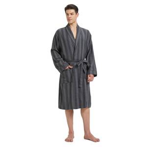 lot 20489 image: FashGudim Mens Stripe Robe Cotton Flannel Shawl Collar Bathrobe Lightweight Kimono Loungewear Sleepwear (Gray & Black Stripe, 5XL)