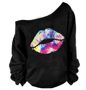 lot 20498 image: MAGICMK Woman��s Sweatershirt Lips Print Causal Blouse Off The Shoulder Long Sleeve Loose Slouchy Pullover Plus Size Top Small