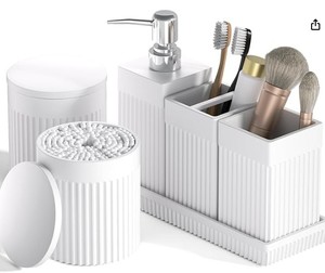 lot 1423 image: White Ceramic Counter Top BathToothbrush Holder Set (stock photo not exact)