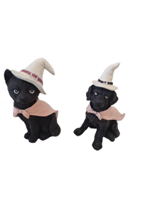 lot 17970 image: Pair of Black Cat Witch Hat Figurines with Pink Capes