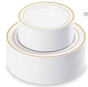 lot 18019 image: 60 Pcs White Plastic Plates with Gold Rim 30 Dinner and 30 Dessert Heavy Duty Disposable