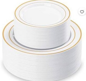 lot 18037 image: 60 Pcs White Plastic Plates with Gold Rim 30 Dinner and 30 Dessert Heavy Duty Disposable