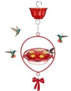 lot 18050 image: Kingsyard Ant Moat Metal Hummingbird Feeder with Oval Metal Frame, Red