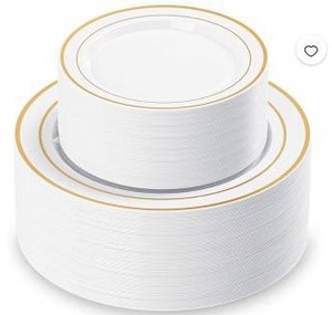 lot 18054 image: 60 Pcs White Plastic Plates with Gold Rim 30 Dinner and 30 Dessert Heavy Duty Disposable