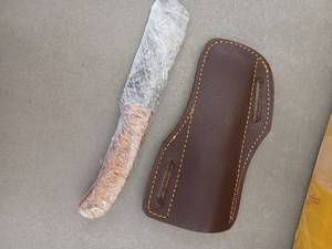 lot 18078 image: MHSCutlery Handcrafted Fixed Blade Knife with Patterned Handle and Brown Belt Sheath, 8.5 Inch