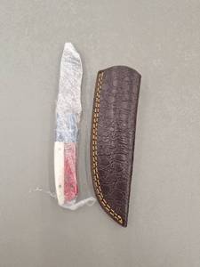 lot 18080 image: MHSCutlery Handcrafted Fixed Blade Knife with Sheath Red, Blue and Cream Handle, 8 Inch