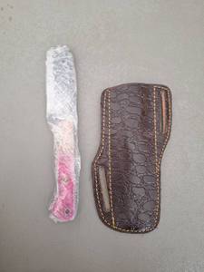 lot 18086 image: MHSCutlery Handcrafted Knife and Sheath Set Pink Handle Brown Leather Sheath, 8.5 Inch