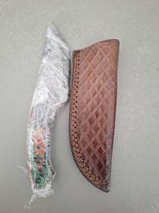 lot 18087 image: MHSCutlery Handcrafted Fixed Blade Knife with Diamond-Stamped Sheath, 8 Inch