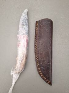 lot 18091 image: MHSCutlery Handcrafted Folding Knife with Sheath Embossed Leaf Design, 8.5 inch