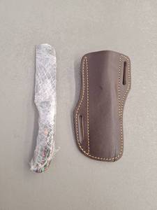 lot 18092 image: MHSCutlery Handcrafted Folding Knife with Decorative Handle and Leather Sheath, 8.5 Inch