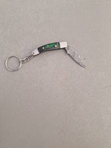 lot 18094 image: MHSCutlery Handcrafted Folding Pocket Knife Keychain Green Black Handle Damascus Blade, 2.5 Inch