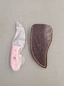 lot 18095 image: MHSCutlery Handcrafted Fixed Blade Knife with Pink Handle and Brown Embossed Sheath, 6 Inch
