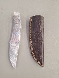 lot 18098 image: MHSCutlery Handcrafted Fixed Blade Knife with Embossed Leather Sheath, 8 Inch