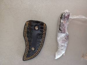 lot 18099 image: MHSCutlery Handcrafted Fixed Blade Knife with Black Sheath and Yellow Stitching, 6 Inch