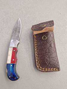 MHSCutlery Handcrafted Folding Knife with Damascus Blade Red White Blue Handle and Sheath, 7 Inch