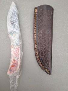 lot 18102 image: MHSCutlery Handcrafted Fixed Blade Knife with Sheath and Red Handle, 8 Inch