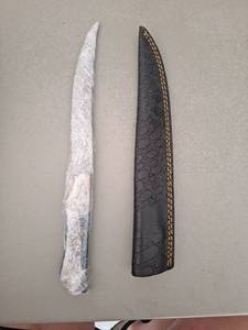lot 18107 image: MHSCutlery Handcrafted Fixed Blade Knife with Embossed Sheath, 14 Inch